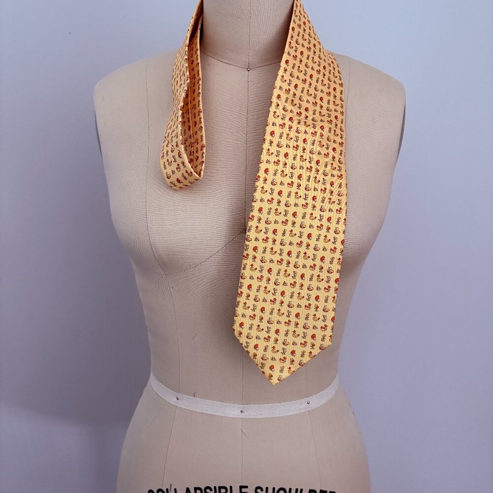 Salvatore Ferragamo Yellow Men's Ducks Flowers Birds Tie 100% Silk Quiet Luxury